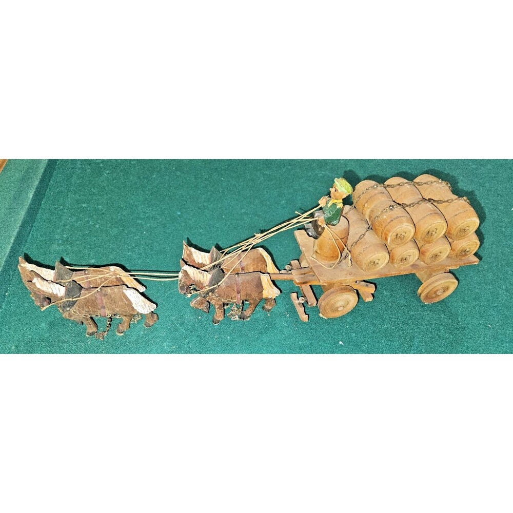Hand Carved German Beer Cart w 4 horses Team & Wagoneer, HB on Barrels